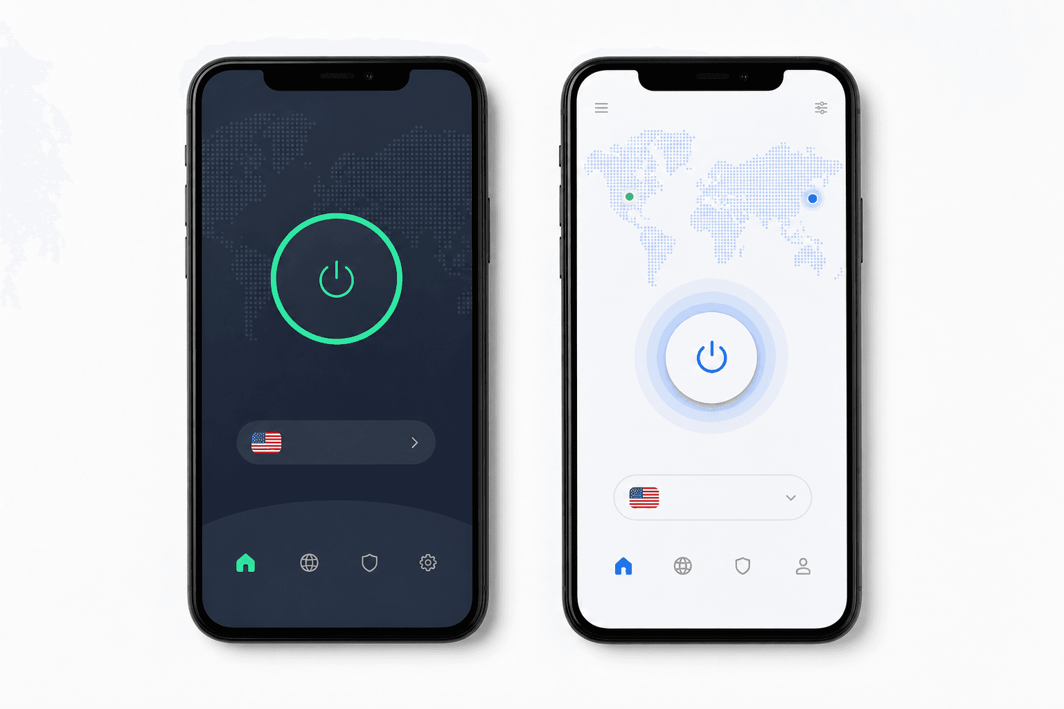 Twee smartphones naast elkaar met NordVPN en ProtonVPN apps geopend op een houten bureau