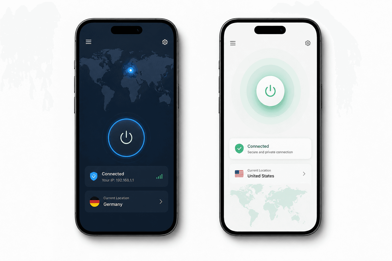 Twee smartphones naast elkaar met Surfshark en CyberGhost VPN-apps geopend op een bureau
