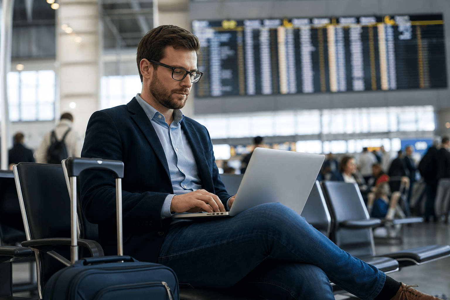 Reiziger gebruikt een laptop met VPN-verbinding voor de skyline van Shanghai in China
