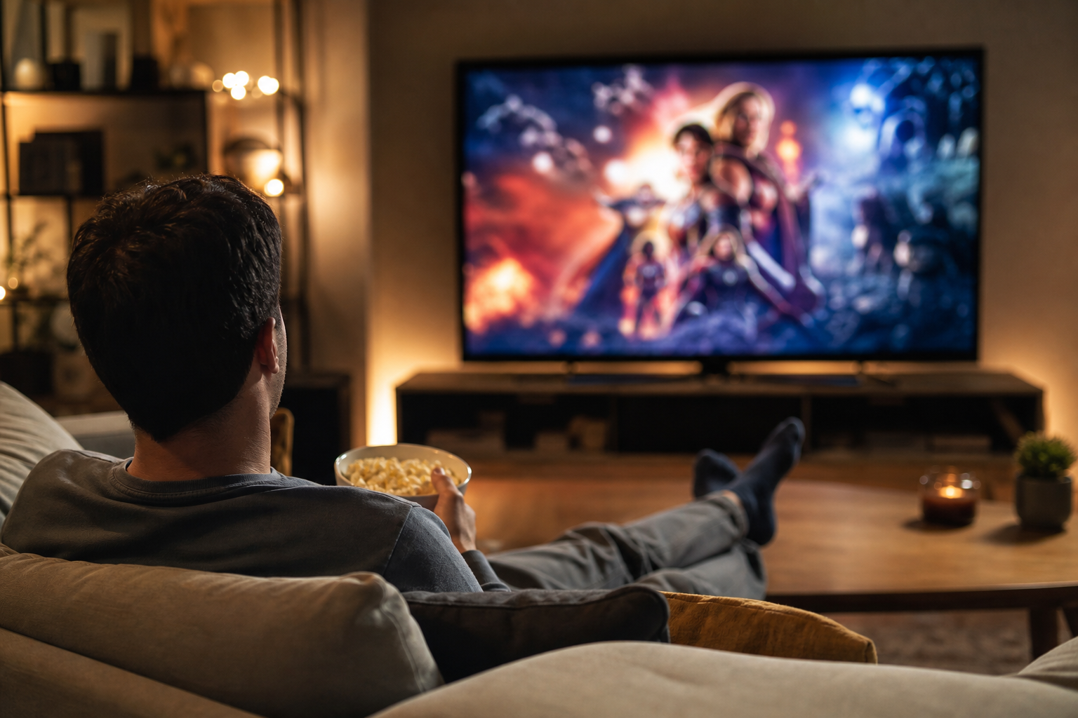 Persoon kijkt Belgische tv op laptop met VPN-verbinding vanuit Nederlandse woonkamer