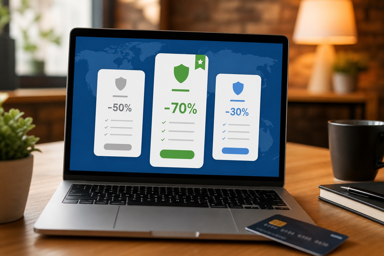 Persoon bekijkt CyberGhost korting aanbieding op laptop met VPN-abonnement op het scherm