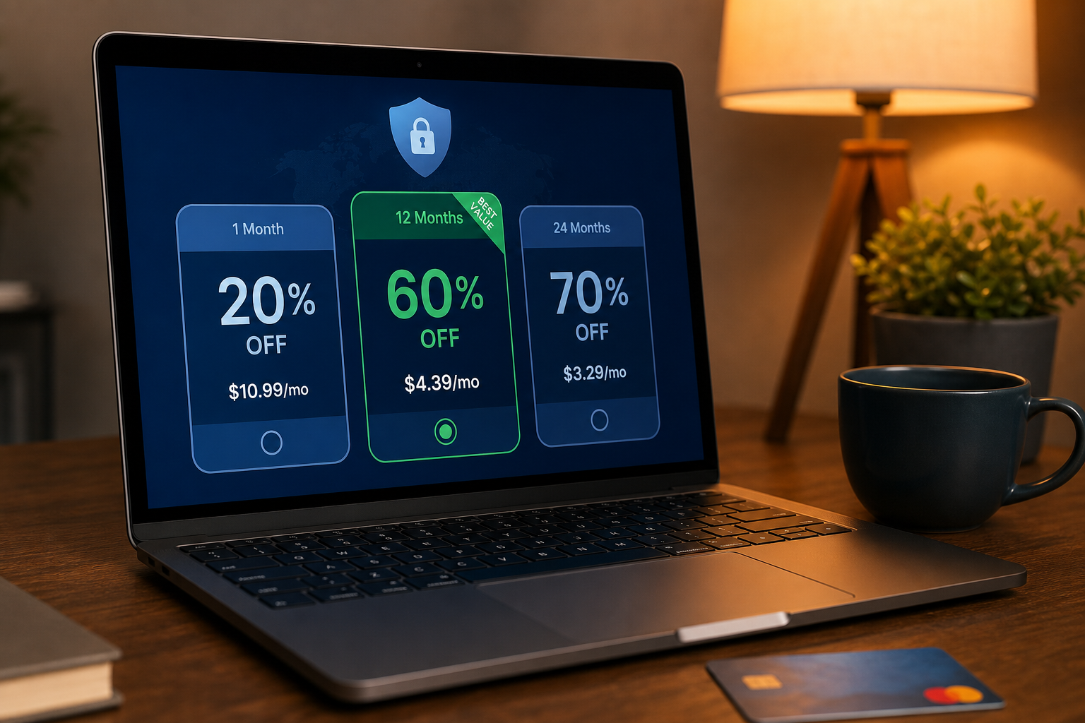 Goedkope VPN deals 2026, kortingssymbolen in donkerblauwe digitale omgeving