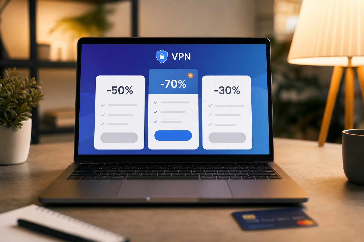 Laptop met ProtonVPN-app open op een houten bureau naast een kop koffie en notitieblok met kortingsberekening