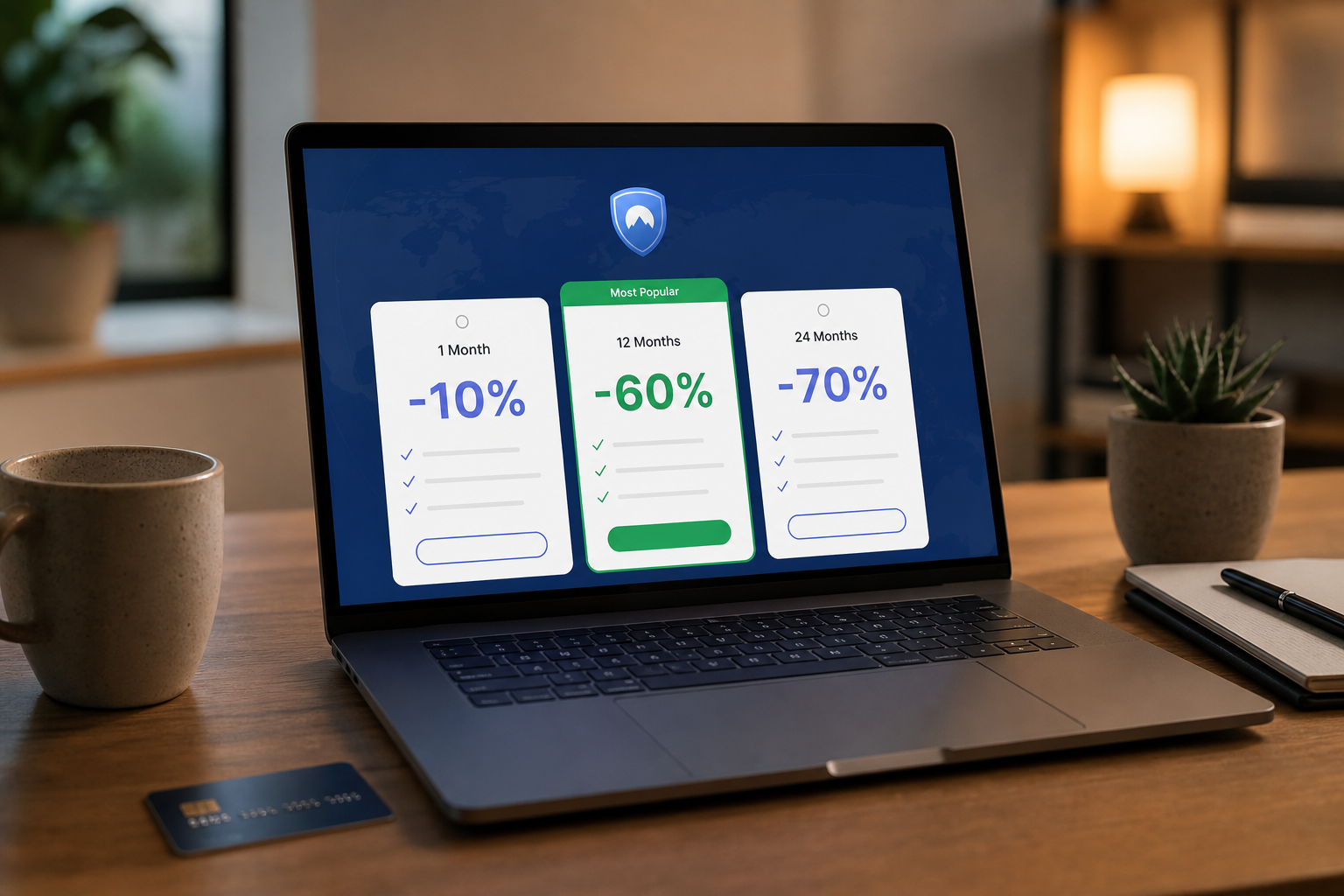 Laptop met Surfshark VPN-app open op een bureau tijdens de gratis proefperiode