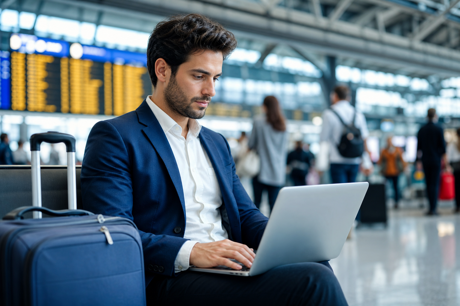 Reiziger met laptop gebruikt VPN op openbare wifi in het buitenland