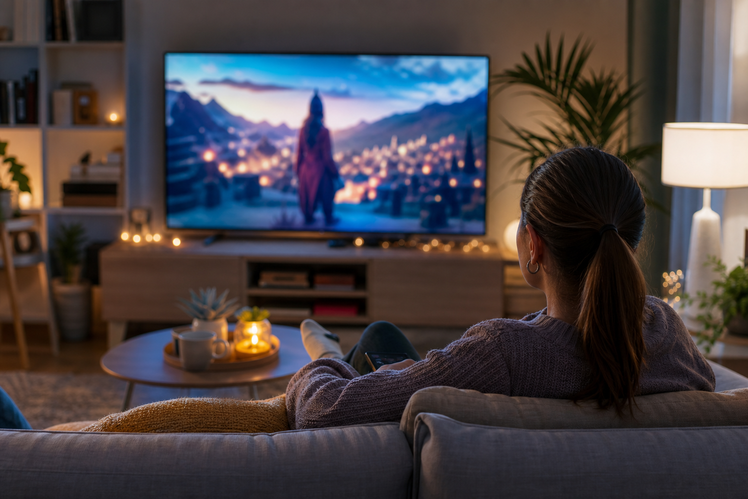 Persoon kijkt Disney Plus op laptop met VPN-verbinding actief in Nederlandse woonkamer