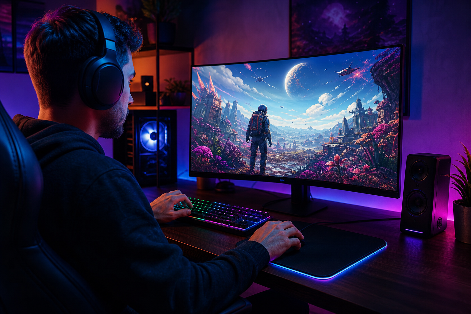 Gamer met headset aan controller op scherm met ping-meter tijdens online multiplayer sessie