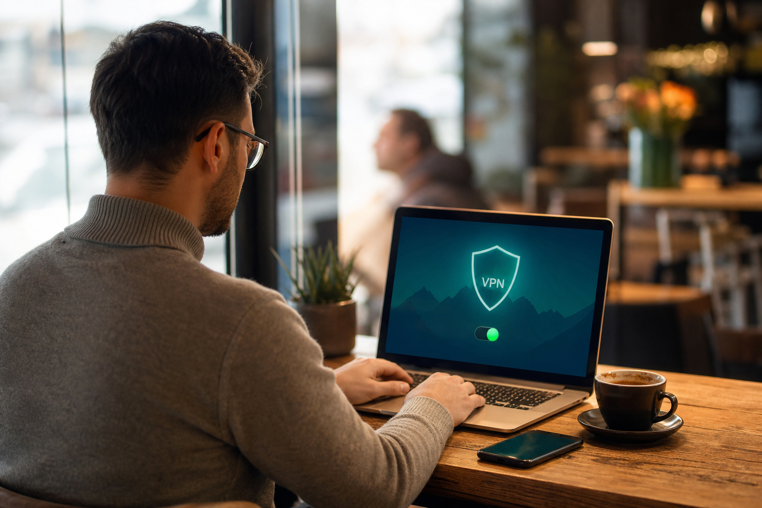 Persoon werkt op laptop met VPN-verbinding thuis in Nederland, symbool voor legaal internetgebruik