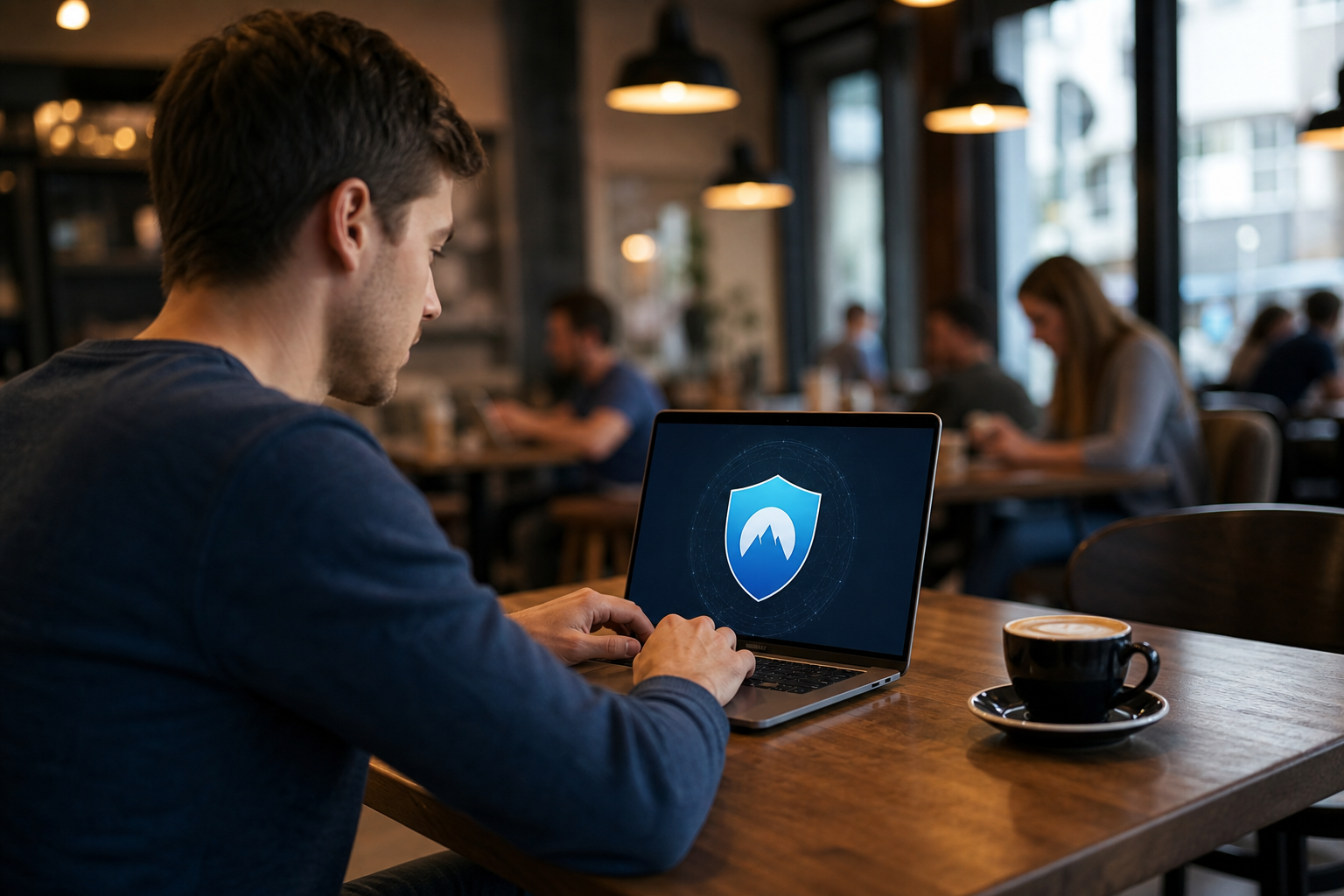 Chromebook laptop met VPN-app geopend op het scherm in een moderne werkomgeving
