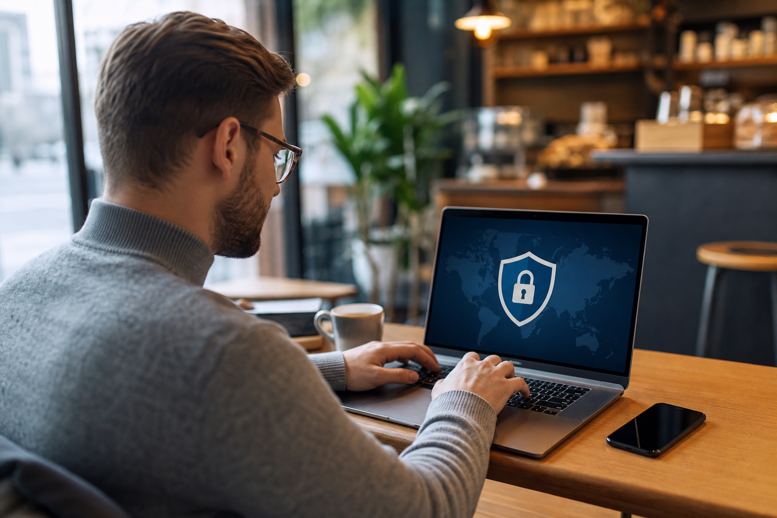 Laptop met snelheidsmeter die hoge VPN snelheid toont op een houten bureau