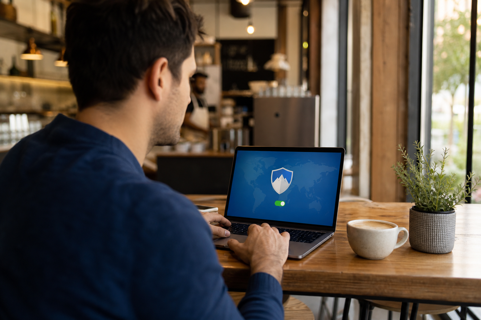 Ondernemer werkt veilig op laptop met zakelijke VPN vanuit een modern kantoor in Nederland