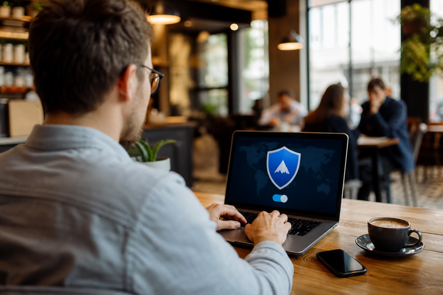 Persoon lost VPN werkt niet problemen op met laptop en smartphone aan bureau